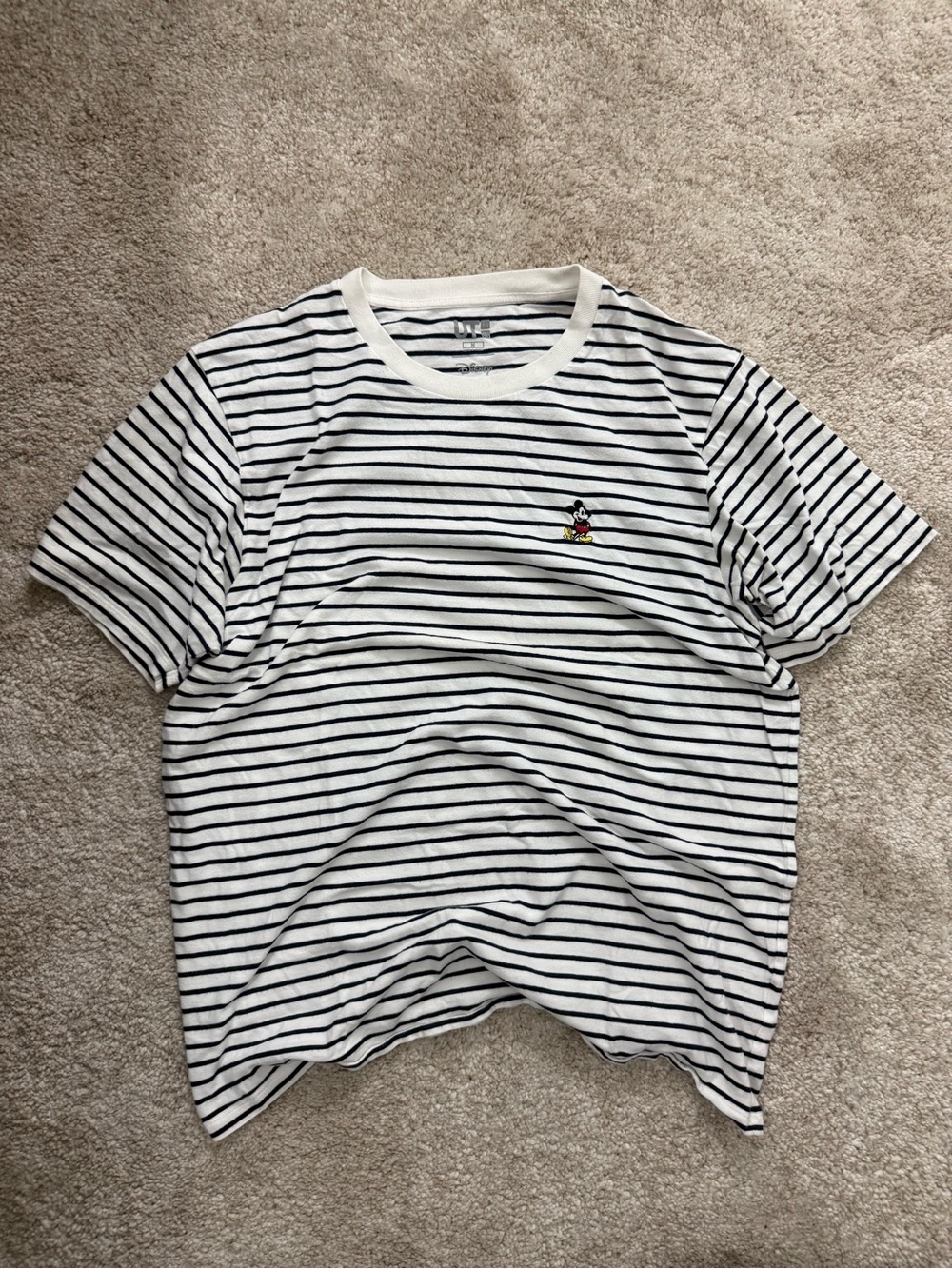 Uniqlo White T-Shirt with Black Stripes and Small Mickey Embroidery